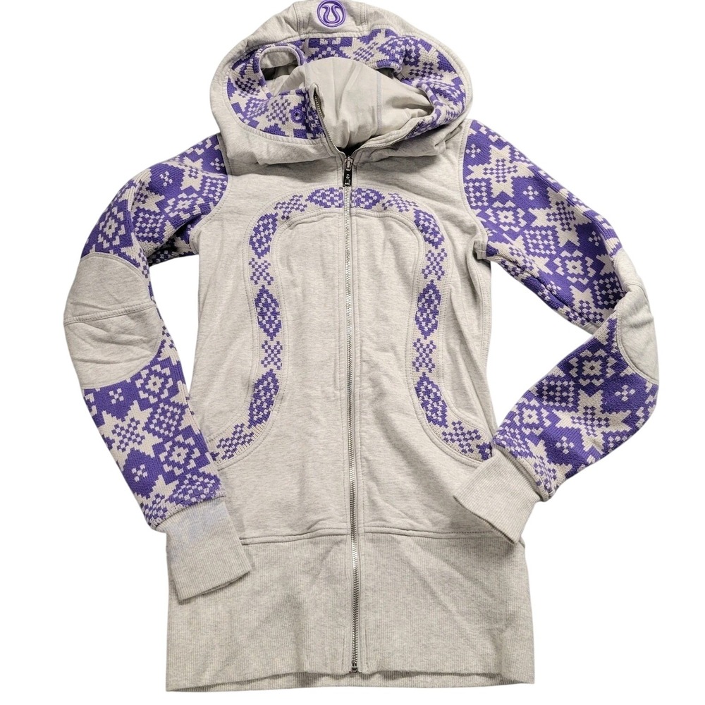 Lululemon Scuba Full Zip Hoodie Grey Purple Fair Isle Snowflake Knit Sz 4 Rare